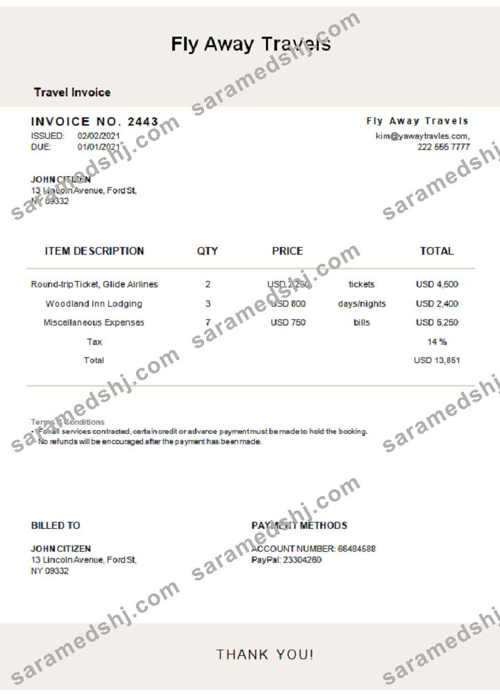 USA Fly Away Travels invoice